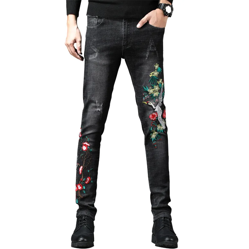 mens floral embroidered jeans