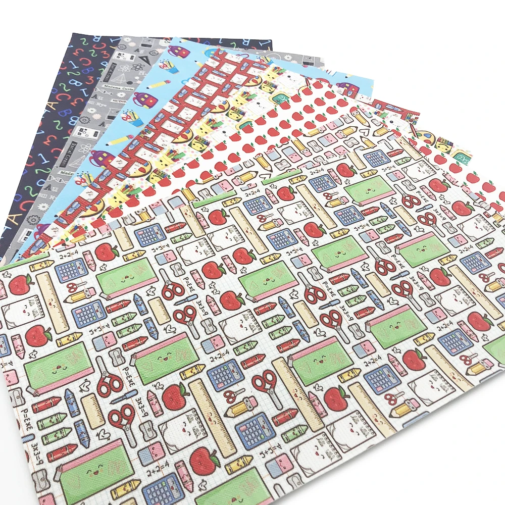 

David accessories 8Pieces/set 20*34cm Back to School Print Faux Synthetic Leather Fabric DIY Handmade Sewing Accessories,1Yc5854