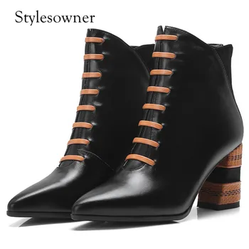 

Stylesowner England Style Look Beauty Shallow Short Boots Pointed Toe Cow Leather with Back Zipper High Heels Ankle Boots Woman