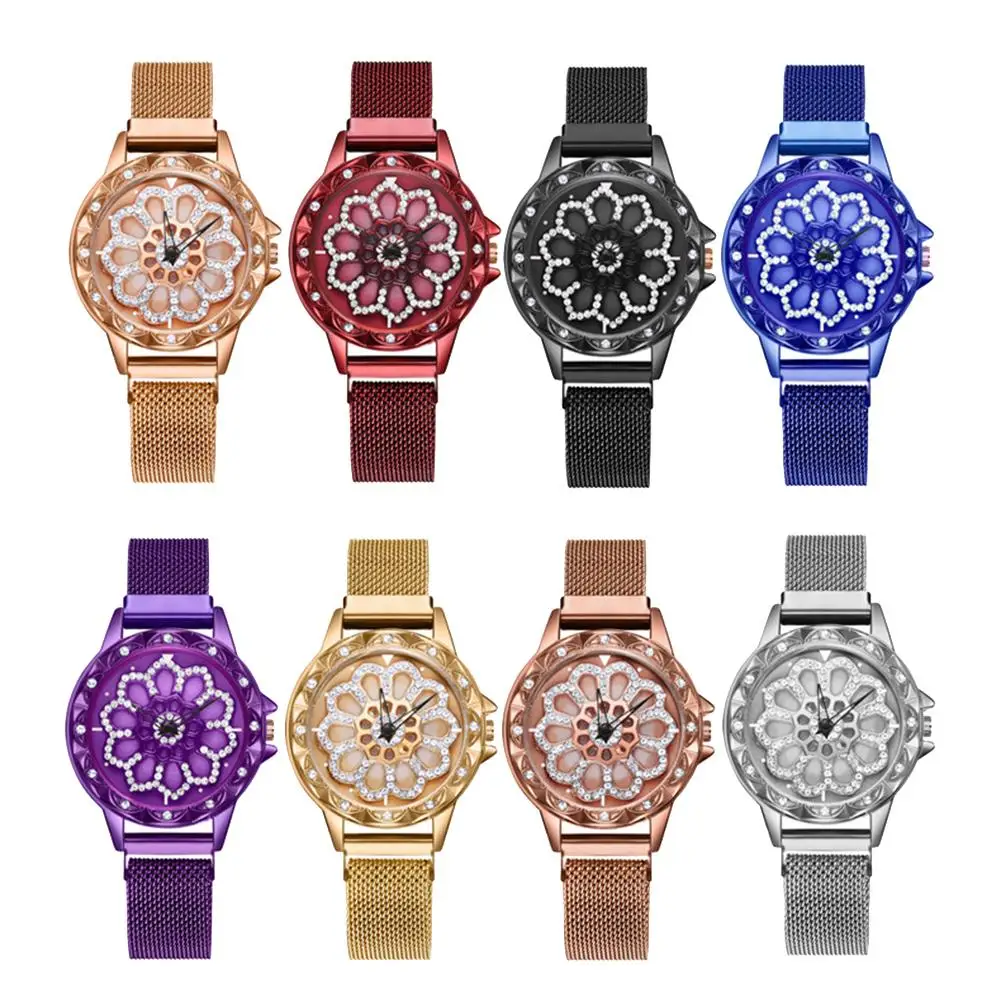 

Popular Luxury Lady Rhinestone Floral Round Dial Analog Magnetic Band Quartz Wrist Watch