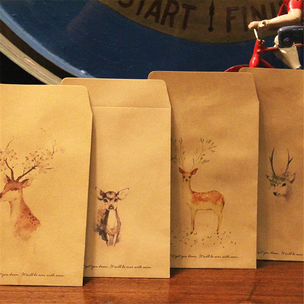 10Pcs Deer Painted Paper Kraft Bitty Candy Packing Bags Chinese Traditional Painting Christmas Party Favor Gift Bag Envelopes