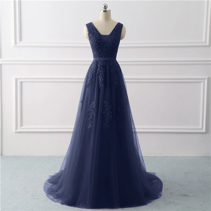 Вечернее платье с v-образным вырезом и открытой спиной, длинное, коллекция года, ТРАПЕЦИЕВИДНОЕ, свадебное, вечернее платье с аппликацией, кружевное платье для выпускного, свадебное платье, Vestido De noiva - Цвет: navy blue