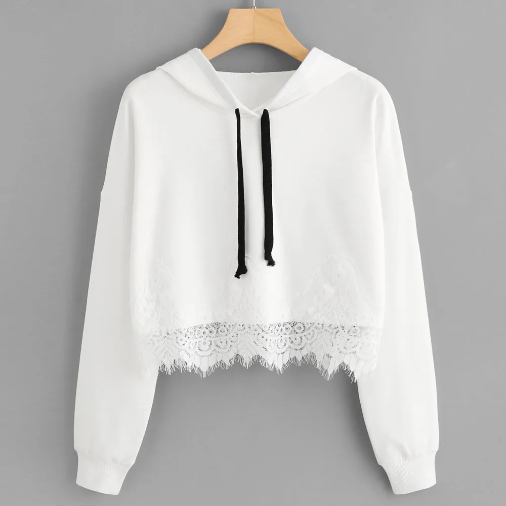 Толстовки женские кружевные одноцветные с длинным рукавом белые черные худи кофты короткие белые пуловеры Длинные Топы Рубашки busos TT