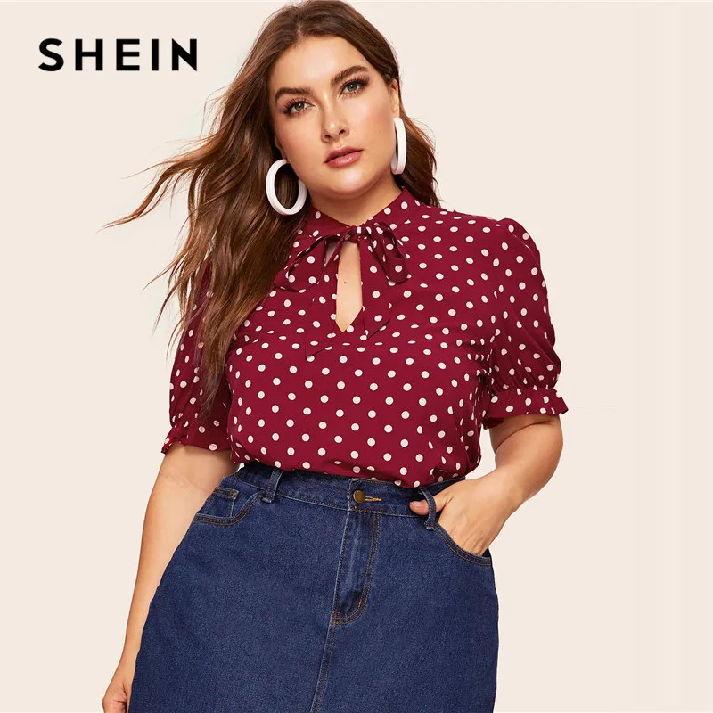 

SHEIN Plus Size Burgundy Polka Dot Tie Neck Top Blouse Women Summer Elegant Stand Collar Short Sleeve Workwear Blouses Shirt