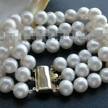 " 3 ряда Подлинная Природный 11 мм Белый круглый Браслет перлы 14KGP! Благородный стиль Природный Изысканные jewe Быстро