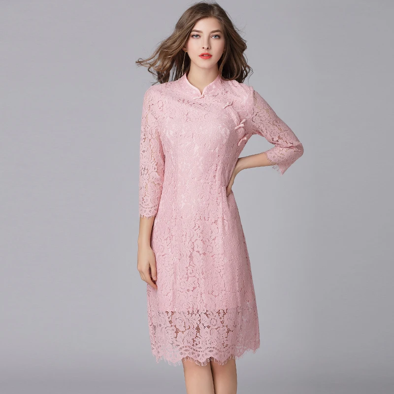 

2019 elegant women floral lace cheongsam dresses plus size stand collar women chinese style vintage lace dress pink color