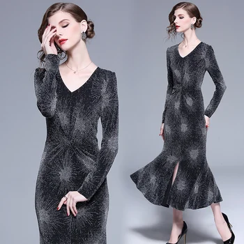 

womens ladies Designer dress clothes spring autumn Elegant V-neck long sleeves Mermaid runway Prom Formal Cocktail party dresses