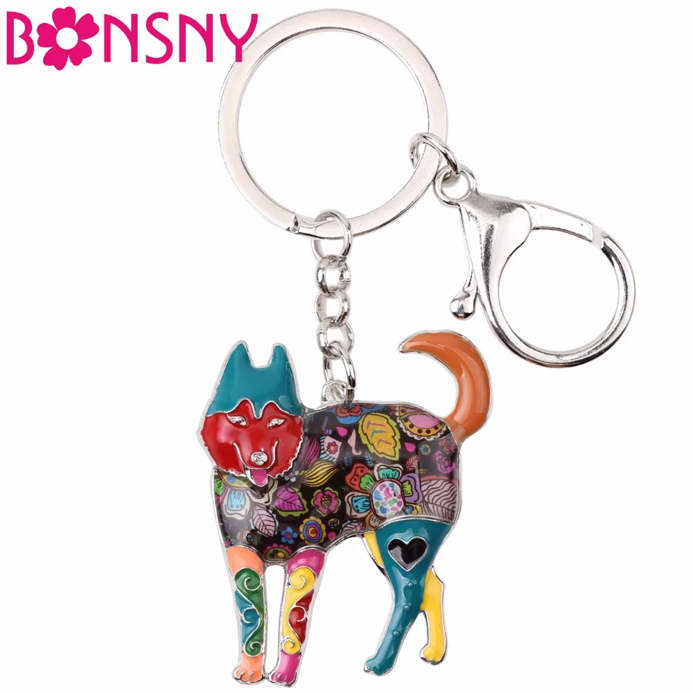 Bonsny металлический брелок для ключей в виде сибирской собаки хаски, брелок для ключей, сумка, подвеска, автомобильный брелок, новинка, эмаль, брелок, ювелирное изделие для женщин, Bijoux