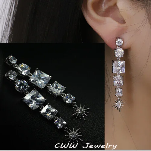 

CWWZircons Brand 2017 New Dangling Round And Square Cubic Zirconia Stone Luxury Long Crystal Drop Earrings For Women CZ227