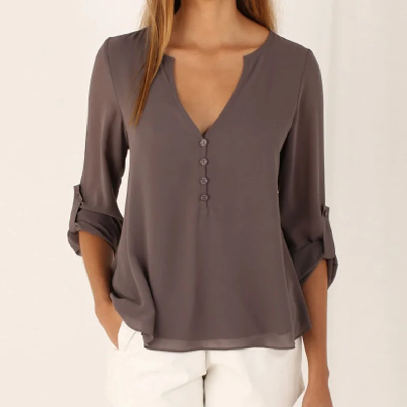 2018 Women long Sleeve Button Chiffon Blouse Peplum Summer