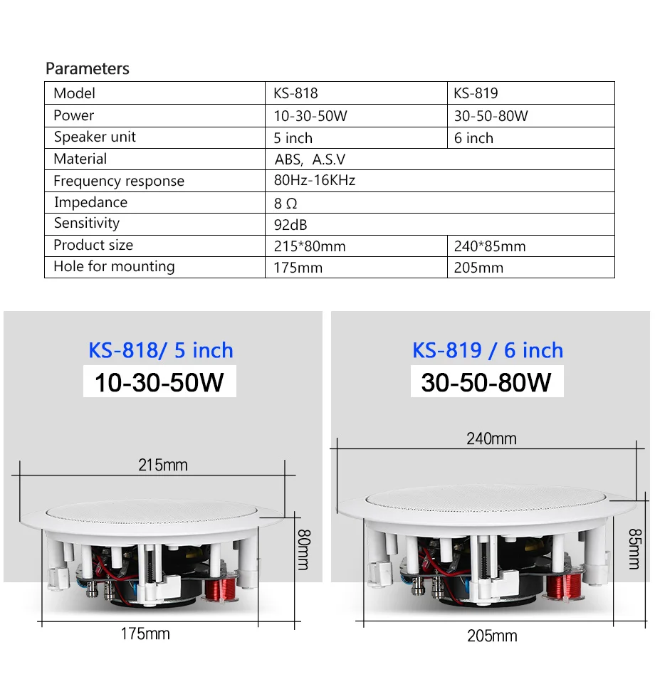 Oupushi KS818 10 Вт-80 Вт 8ohm коаксиальный потолочный динамик, соединяющий усилитель мощности для системы общественного адреса PA