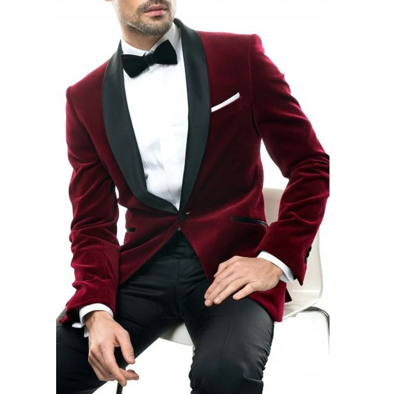 Burgundy Men Suits Black Shawl Lapel Blazer One Button Trim Fit Two Piece Wedding Groom Tuxedos 