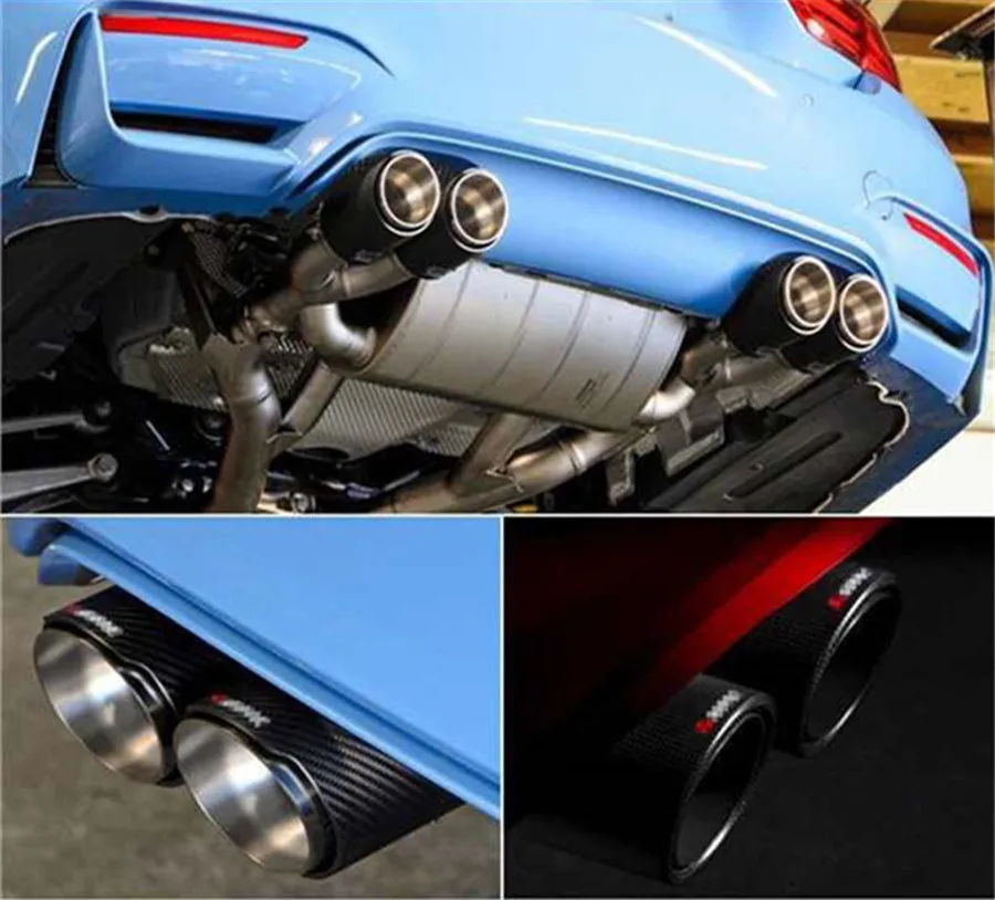 Правый Синий двойной выхлопной трубы Хвост Глушитель Совет Chrome Inlet63mm Outlet89mm глянцевый Реальные углеродного волокна для автомобилей внедорожник