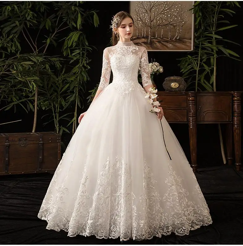 Chinese Style High Neck Half Sleeve 2022 New Wedding Dress Illusion Lace Applique Simple Custom Made Bridal Gown Robe De Mariee long sleeve wedding dresses