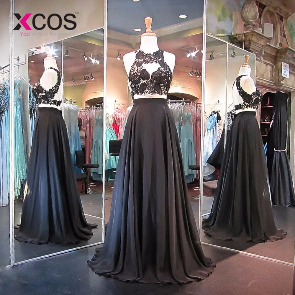 

XCOS Crop-Top Black Evening Dress Chiffon Lace Sexy Two Piece Prom Dresses Open Back Appliques Beading vestido formatura