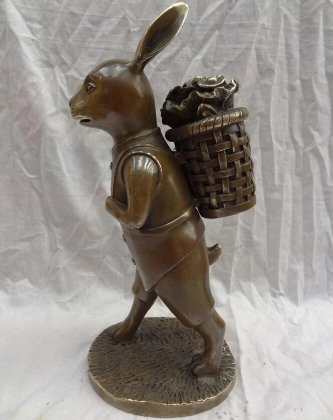 

Collectible bronze S1385 14" Folk Chinese Bronze Animal Art Jump Rabbit Man Carry Basket Cabbage Statue