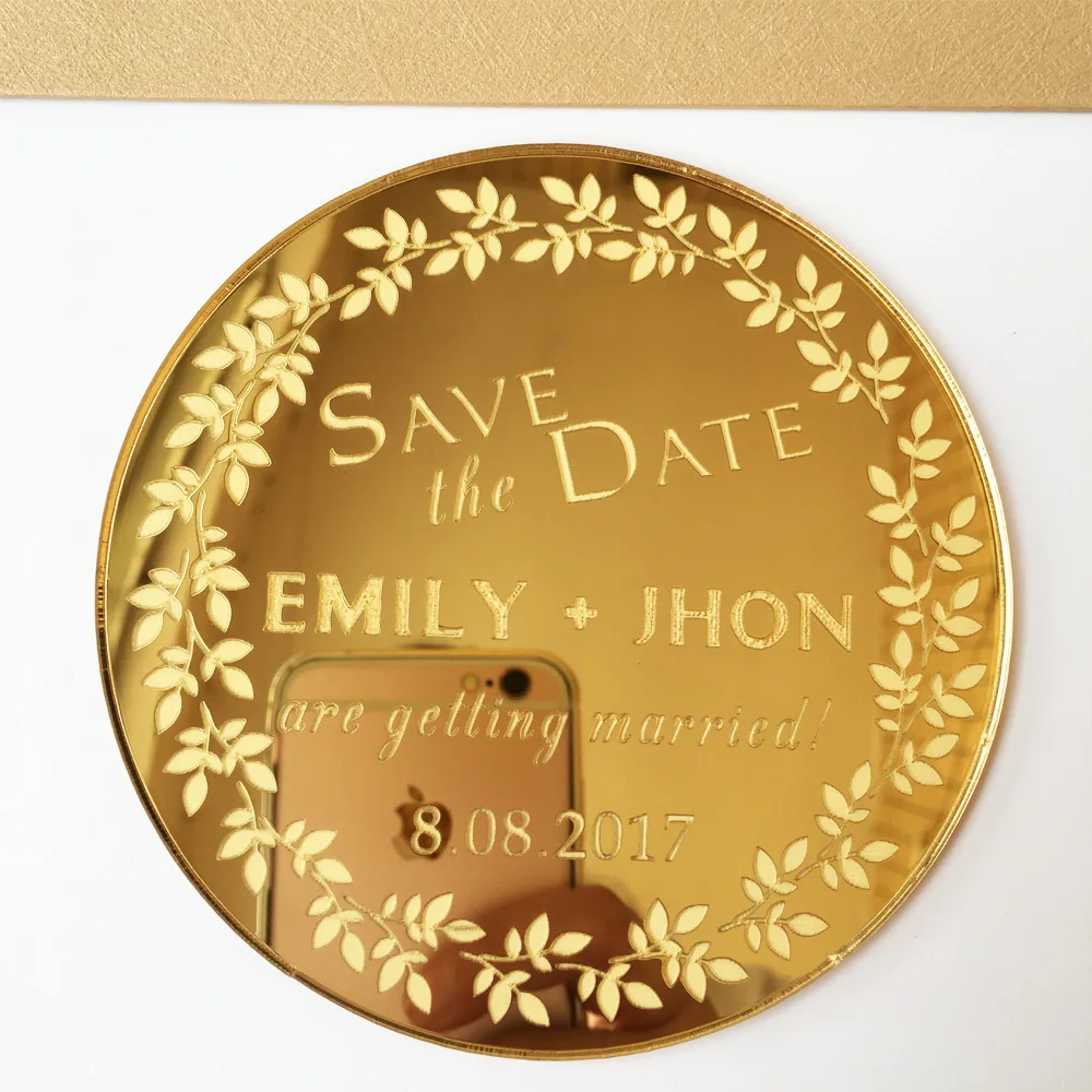  Personalised 150x150mm Square Shape Golden Mirror Acrylic Wedding Invitation Card Set 100 Sets Per  - 32828536279