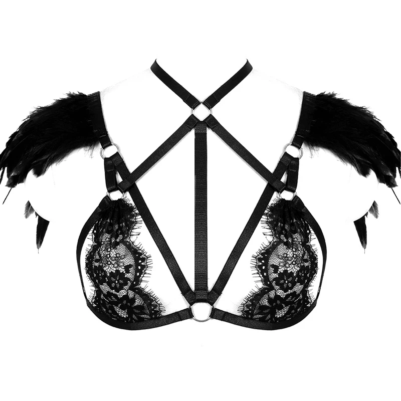 style O0690 Перо эполеты тела жгут Бюстгальтер Связывание кружева Strappy плеча крылья Burningman фестиваль танец Rave пикантные гот Фетиш Костюмы - Цвет: style O0690