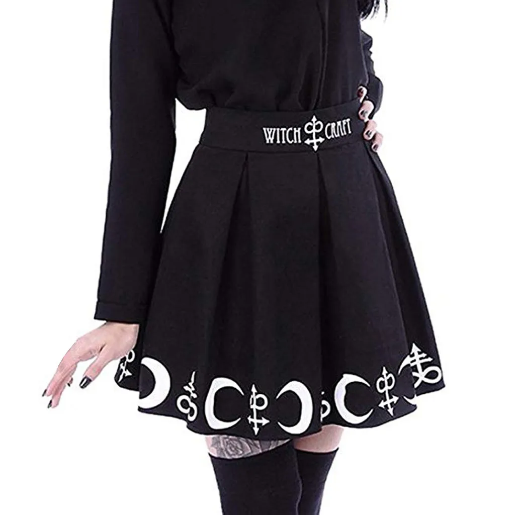 

faldas mujer moda 2019 Women Gothic Punk Witchcraft Moon Magic Spell Symbols Pleated Mini Skirt jupe femme harajuku vadim #C