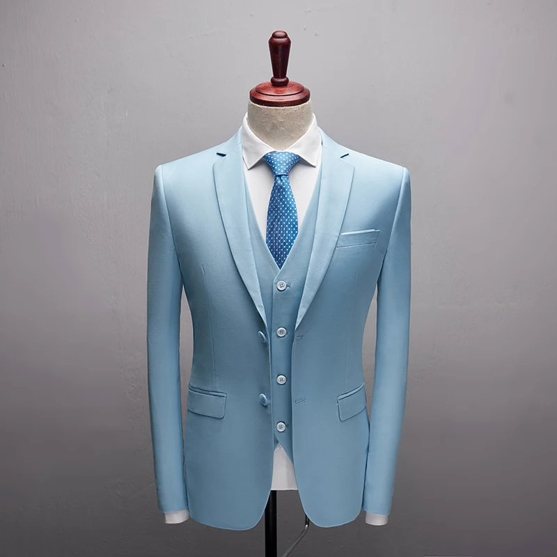 New High Quality Light blue Men's Suits Slim Fit Casual Business Suits Men Clothes Solid Formal Wear Wedding Groom Tuxedos