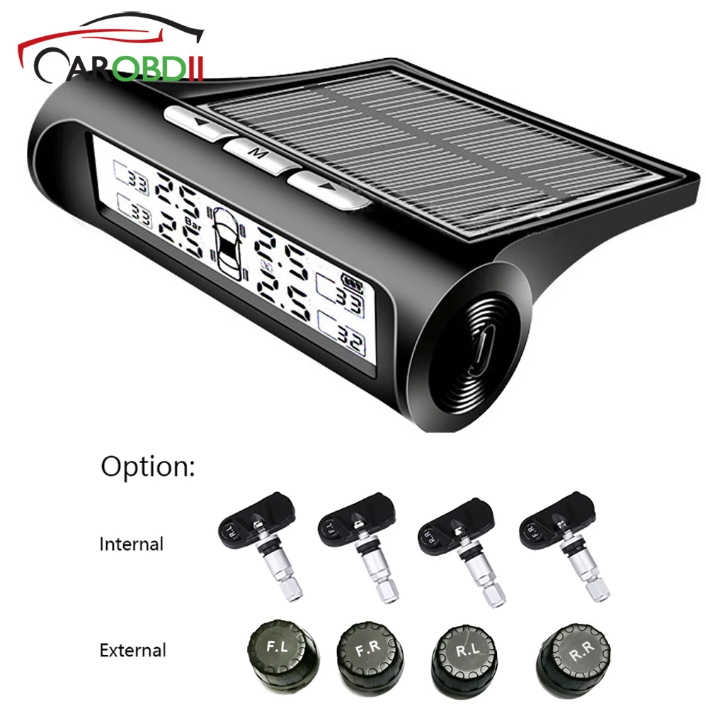 

2019 Universal Car TPMS Solar power Tire Pressure Monitoring Alarm System Ink Display Temperature Warning Tyre with Four Sensors