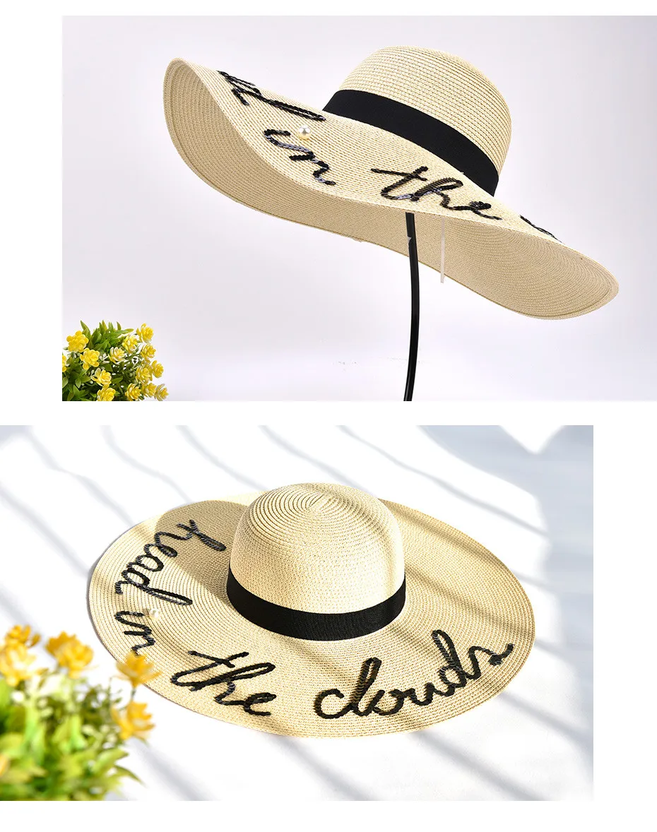 Enjoyfur Мода Письмо жемчуг Солнца шляпа с широкими полями летние пляжные шляпы Новое поступление хорошее качество соломы Cap