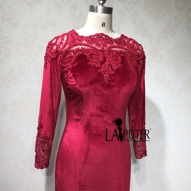 Online Hot Ing 2018 Evening Prom Dresses Burgundy Wine Hot Ing 2018 Evening Prom Dresses Burgundy Wine Red Velvet Y Mermaid Lace Long Sleeves Elegant Women Party Gown Laiputer