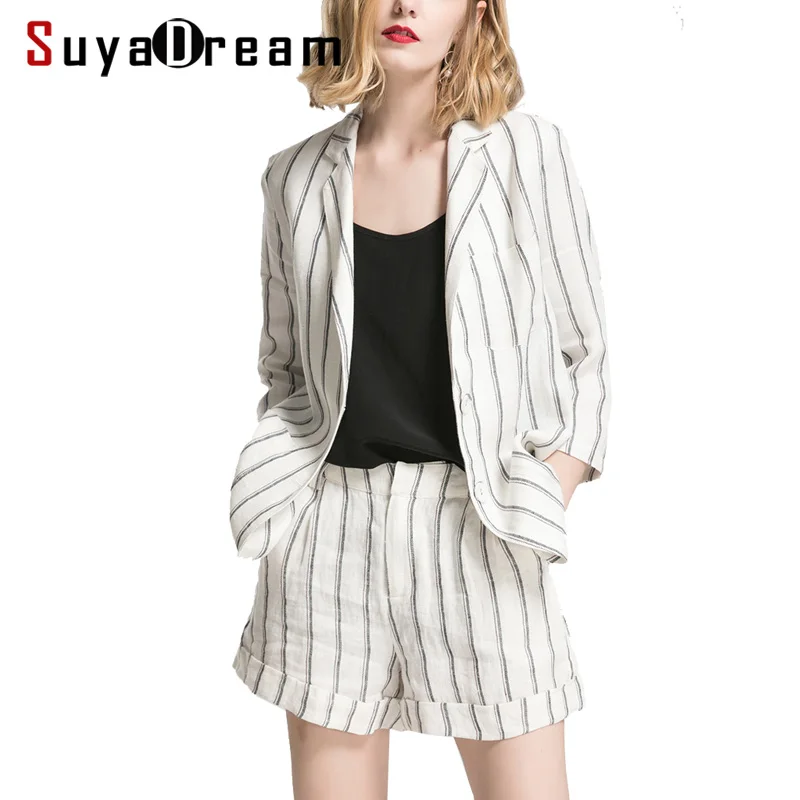 Women Blazers 100Linen Striped Print blazer set with Shorts Blusas