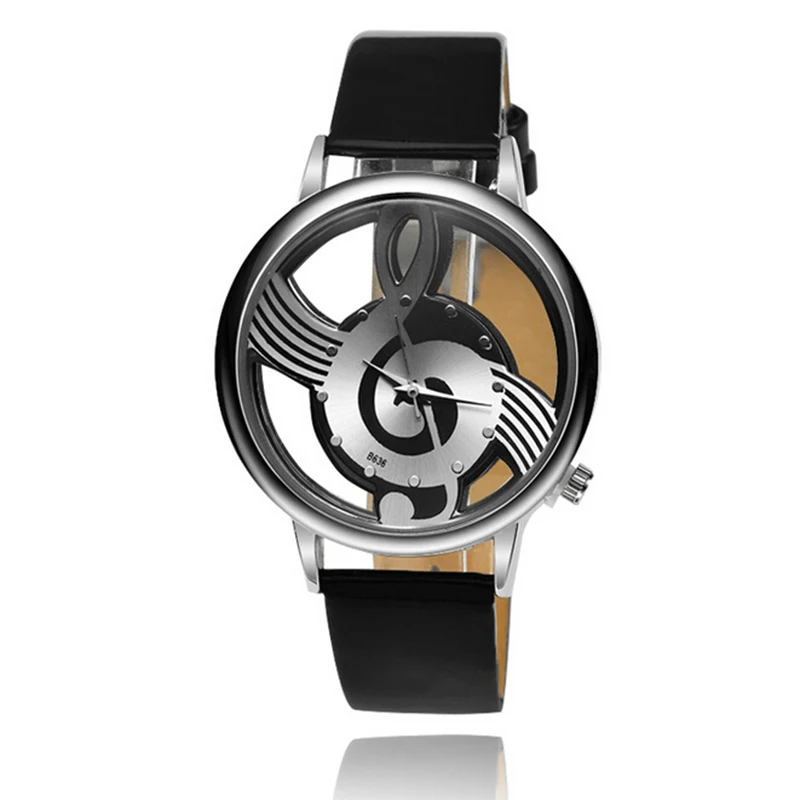 Shellhard Fashion PU Band Stainless Steel Analog Quartz Casual Watch Notation Hollow Music Men Women Wrist Watch Montre Femme