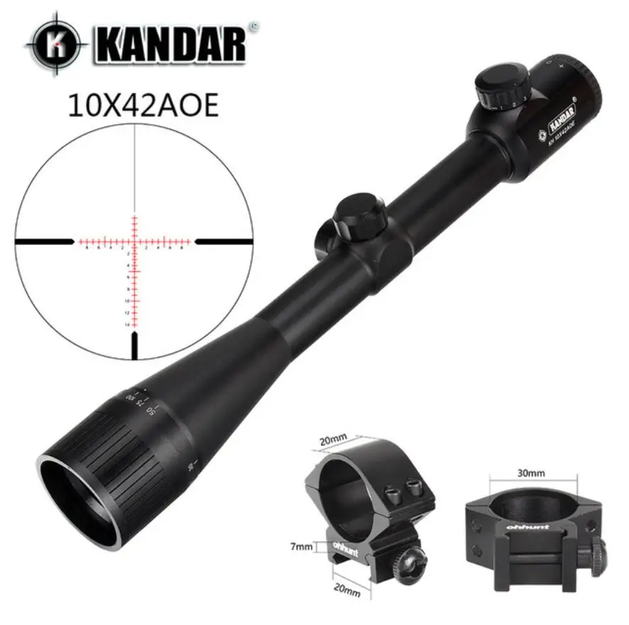 KANDAR 10x42 AOE стекло сетка Красная подсветка прицел фиксированное увеличение 10x Охотничья винтовка прицел тактический оптический прицел - Цвет: with picatinny ring3