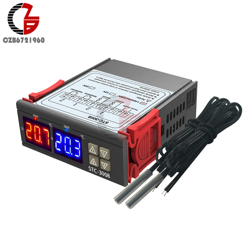 

12V 24V 110V 220V Dual LED Digital Thermostat Temperature Controller DC AC Incubator Indoor Heating Cooling Regulator 2 Sensor