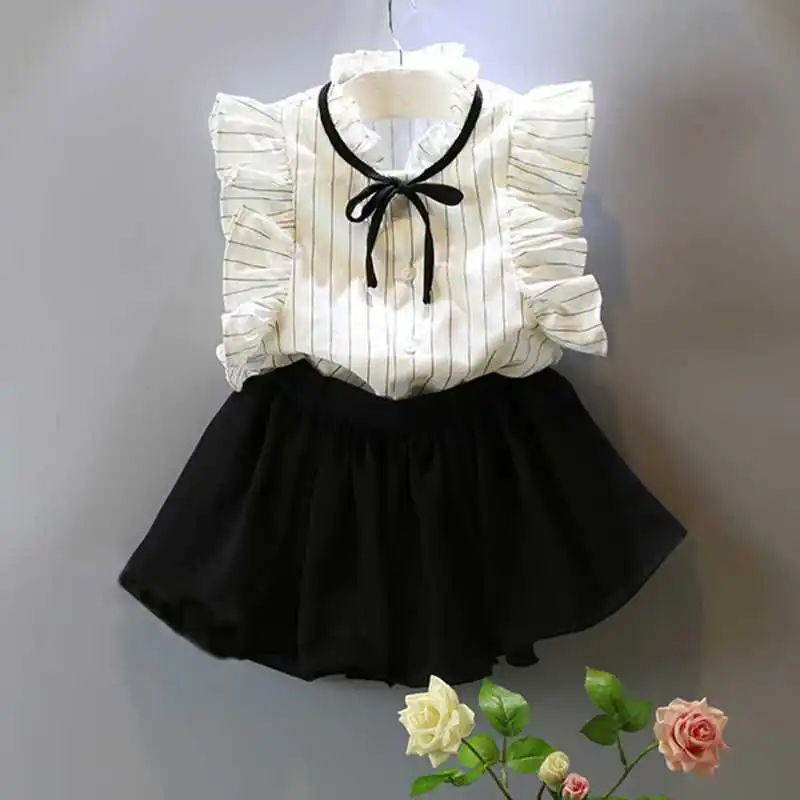 

2019 Baby Girl Clothes Set Fashion Summer Frill Sleeve O-Neck Bow Striped T-Shirt+Mesh Skirt 2 PCS Cotton Kids Girl Outfit Set