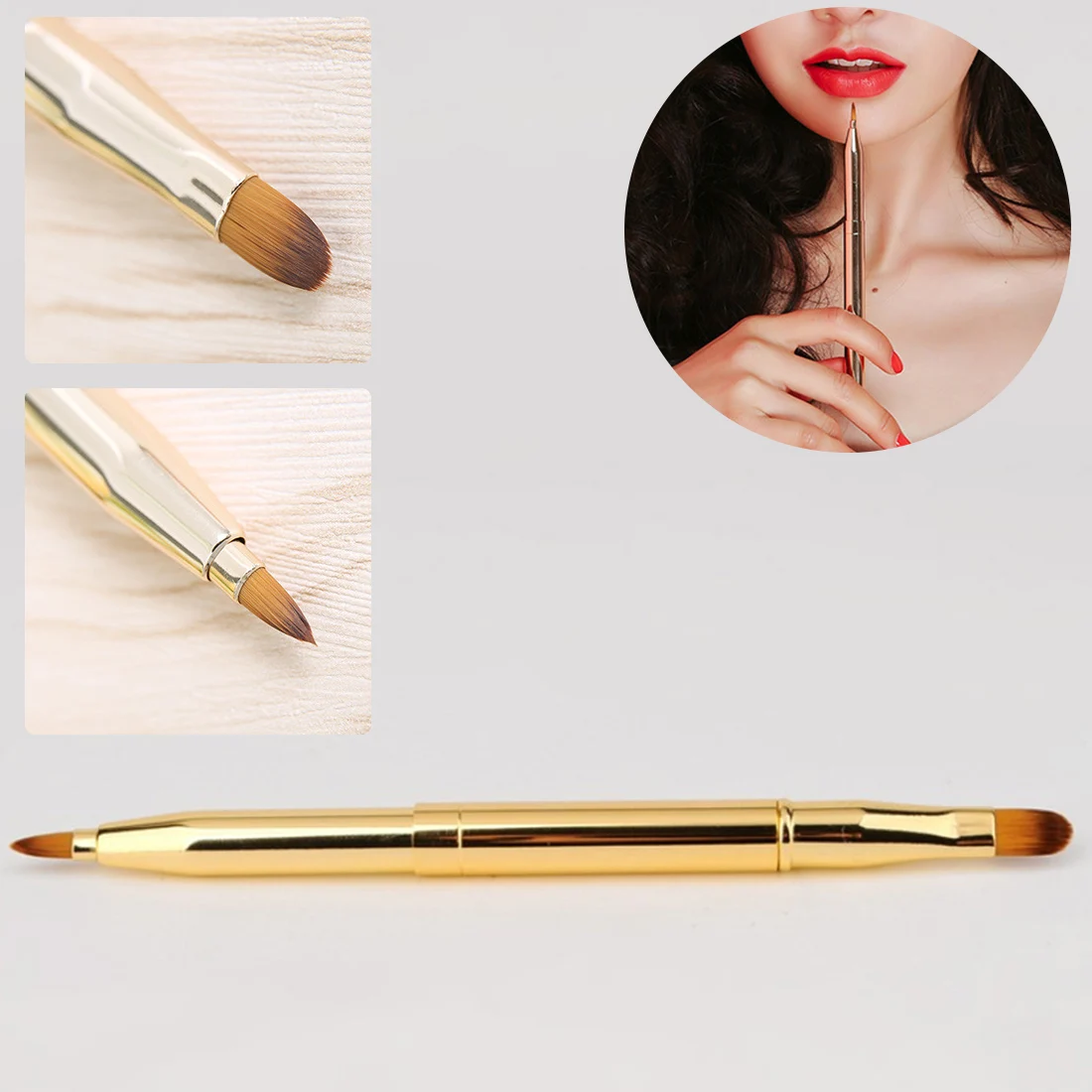 

Retractable Double Head Gold Lip Brush Adjustable Portable Lipstick Gloss Pen Eyeliner Eyebrow Professional Makeup Brush
