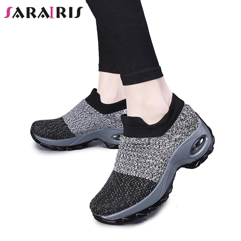 

SARAIRIS Dropship Big Size 35-42 Casual Stretch Sock Vulcanize Shoes Lady Summer Mesh Footwear Comfortable Wedges Shoes Woman