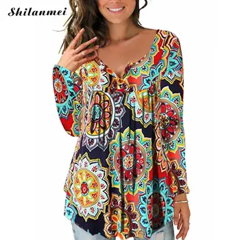 

Autumn Casual Women Blouses 2019 Bohemian Printed Multi Color Vintage Long Sleeve V-Neck Blouses Tops Elegant Ladies Shirts Xl