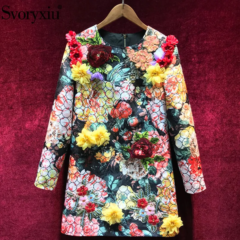 

Svoryxiu Autumn Winter High End Embroidery Dress Women's luxury Sequined Rose Appliques Printed Vintage Runway Short Dresses