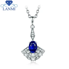 Oval Blue Sapphire Diamond Pendant Necklace Real 14K White Gold Fine Jewelry For Women Anniversary Gift