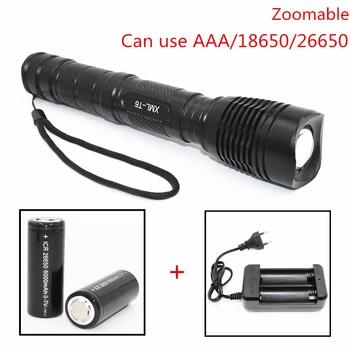

LED Flashlight XM-L T6 5 Modes Zoom Adjustable Focus Light Aluminum Torch Use AAA/18650/26650 Battery Power