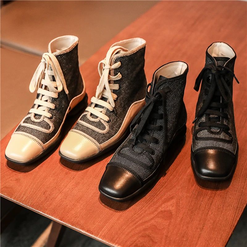 

Hot Autumn Winter Boots Woman Denim High Top Lace Up Casual Shoes Sqaure Toe Leather Boots Design Brand Shoes Zapatos M