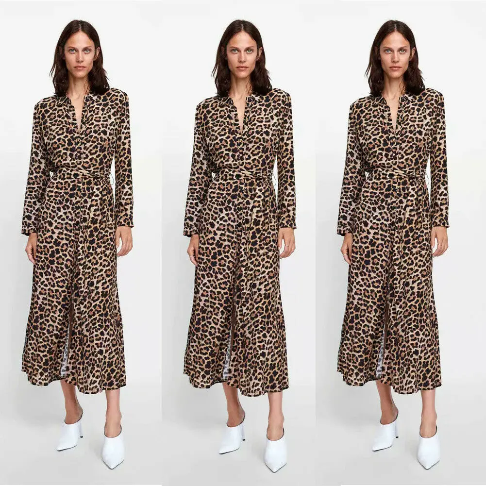Women Dress Autumn 2019 Ladies Leopard Print Dresses Sexy Women V Neck Long Sleeve Midi Dress Women's Dresses Fall Evening Party