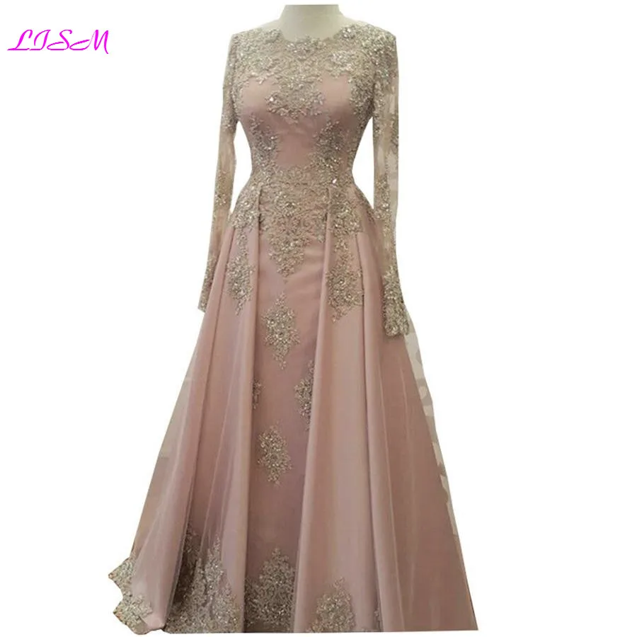 

Elegant Gold Lace Appliqued Long Prom Dresses O-Neck Beaded Crystal Long Sleeve Evening Dress Blush Pink Tulle Formal Party Gown