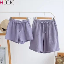 Новые пары шорты тонкая однотонная Пижама Лето хлопок креп домашние штаны для сна для женщин и мужчин домашние штаны для сна