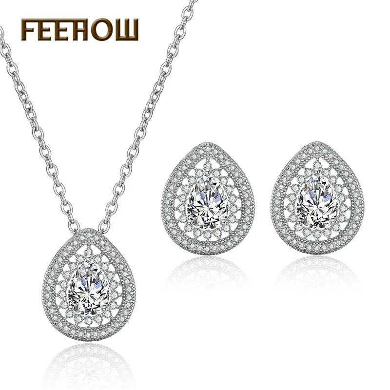 

FEEHOW Classic Cubic Zirconia Drops Simple Sweet Earrings Necklace Set for Women Wedding Dinner Party Gift Jewelry FWSP3028