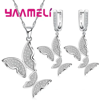 

Elegant Butterfly Full Zircons Necklace Earrings For Women Wedding Fancy Decorations 925 Sterling Silver Jewelry Sets