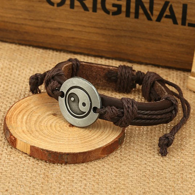 Charms Unisex Leather Bracelet Shellhard Punk Handmade Braided Wristband Yin Yang Bracelets & Bangles For Women Men Jewellery