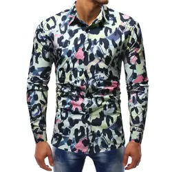 Мужская рубашка с леопардовым принтом Camisa с цветочным принтом Masculina Vetement Homme 2018 осень Camisas Para Hombre slim Fit Erkek Gomlek