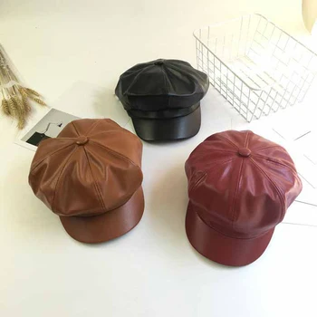 

Fall Winter Fashion Women Solid Color PU Leather Caps Octagonal Cap Casual Vintage Hats Newsboy Cap For Women Casquette
