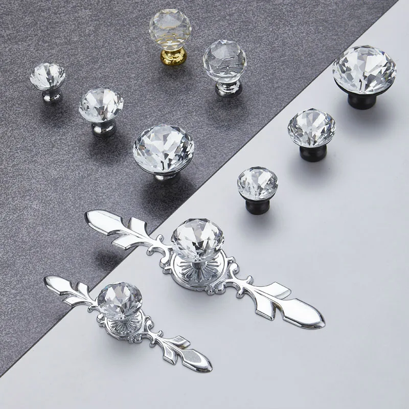 

Simple Crystal+Zinc Alloy Handle Minimalist Cabinet Knobs and Handles Drawer Pull Round Transparent Crystal Furniture Handle