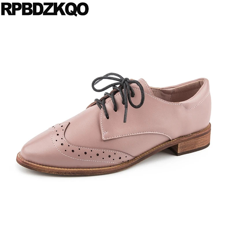 

2018 pink vintage women oxfords shoes japanese brogue pointed toe flats china lace up large size genuine leather 41 designer