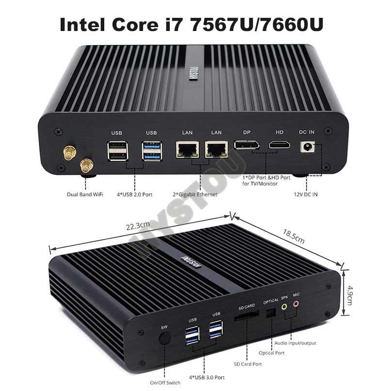 Тонкий клиент Intel Core i5 8250U i7 8550U Minipc HDMI DP двойной дисплей безвентиляторный ПК 4K HTPC i7 7660U Iris Plus 640 настольный компьютер